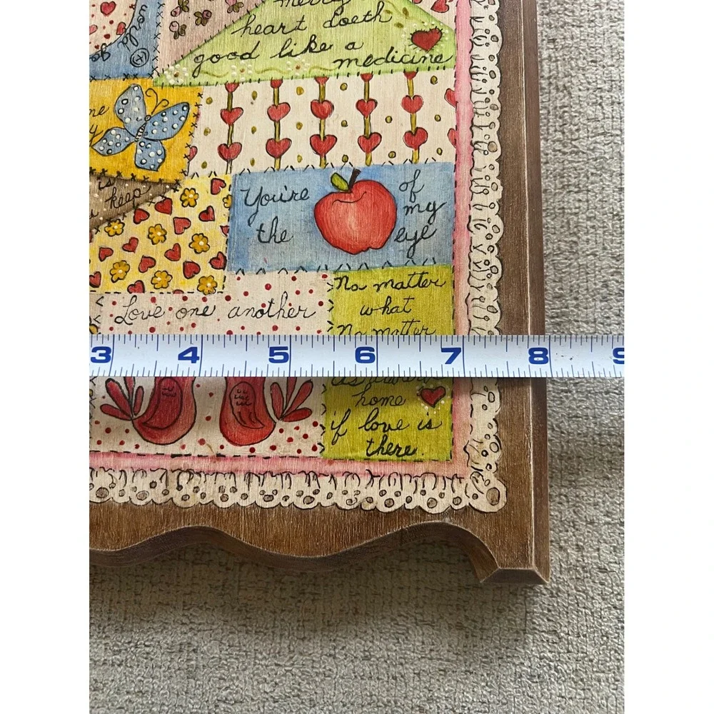 Vintage Wooden Folk Art Patchwork Quilt Wall Plaque Home Decor Hearts Birds 12